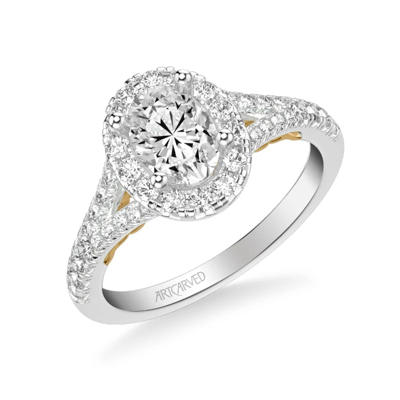 ArtCarved Bridal Artcarved Bridal Semi-Mounted With Side Stones Classic Lyric Halo Engagement Ring Augusta 18K White Gold Primary & 18K Yellow Gold