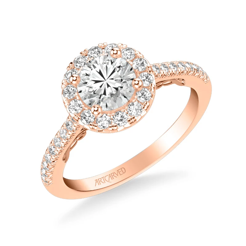 ArtCarved Bridal Artcarved Bridal Semi-Mounted With Side Stones Classic Lyric Halo Engagement Ring Hazel 14K Rose Gold