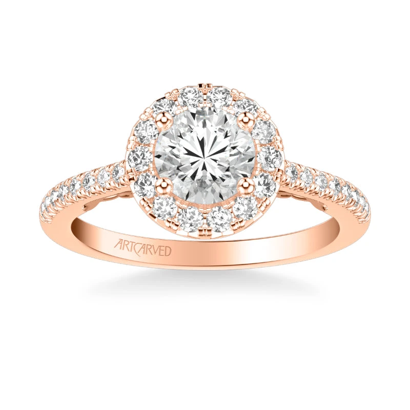 ArtCarved Bridal Artcarved Bridal Semi-Mounted With Side Stones Classic Lyric Halo Engagement Ring Hazel 14K Rose Gold - Image 2