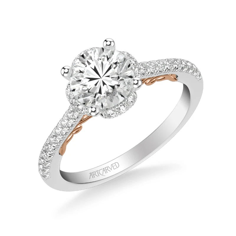 ArtCarved Bridal Artcarved Bridal Mounted With CZ Center Classic Lyric Halo Engagement Ring Gladys 14K White Gold Primary & 14K Rose Gold