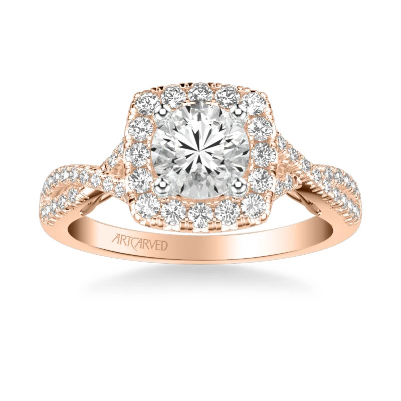 ArtCarved Bridal Artcarved Bridal Mounted With CZ Center Contemporary Lyric Halo Engagement Ring Shelby 14K Rose Gold - Image 2