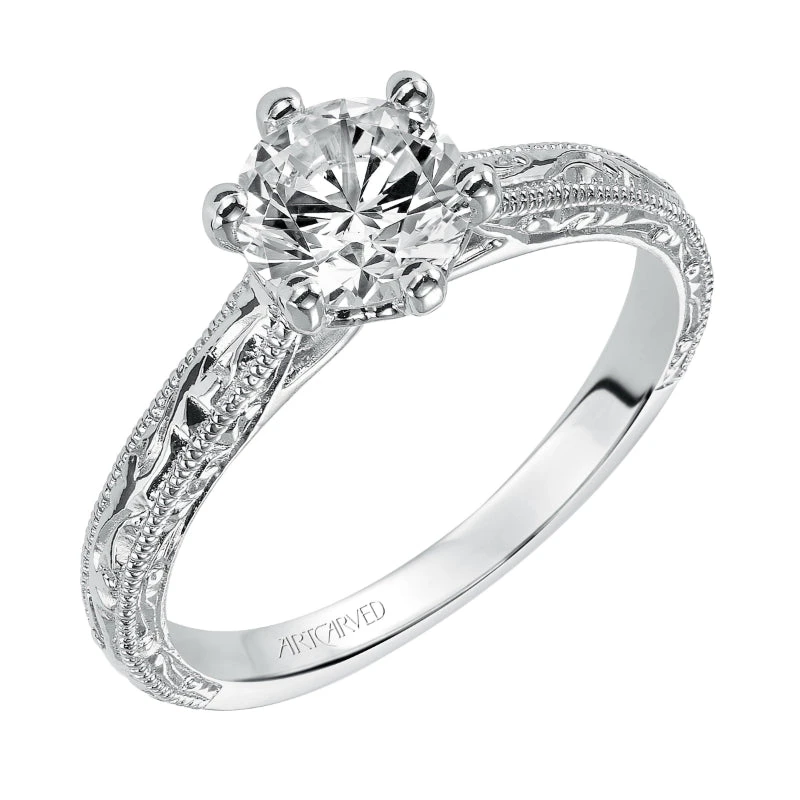 ArtCarved Bridal Artcarved Bridal Mounted With CZ Center Vintage Engraved Solitaire Engagement Ring Gretchen 14K White Gold