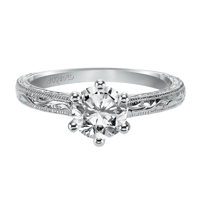 ArtCarved Bridal Artcarved Bridal Mounted With CZ Center Vintage Engraved Solitaire Engagement Ring Gretchen 14K White Gold - Image 2