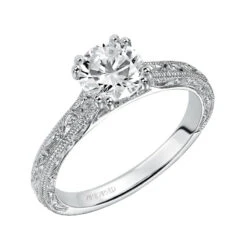 ArtCarved Bridal Artcarved Bridal Semi-Mounted With Side Stones Vintage Engraved Solitaire Engagement Ring Bernadette 14K White Gold
