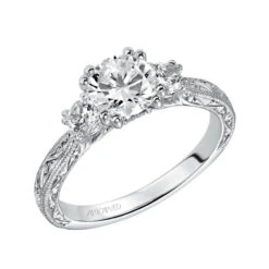 ArtCarved Bridal Artcarved Bridal Mounted With CZ Center Vintage Engraved 3-Stone Engagement Ring Anabelle 14K White Gold