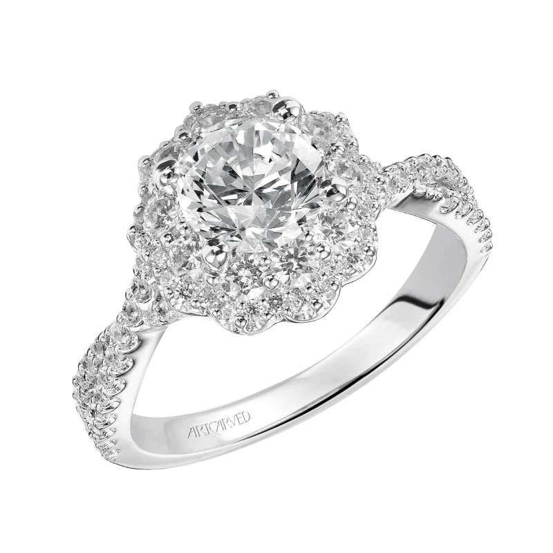 ArtCarved Bridal Artcarved Bridal Semi-Mounted With Side Stones Contemporary Floral Halo Engagement Ring Natasha 14K White Gold