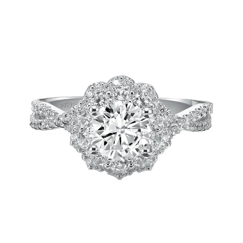 ArtCarved Bridal Artcarved Bridal Mounted With CZ Center Contemporary Floral Halo Engagement Ring Natasha 14K White Gold - Image 2