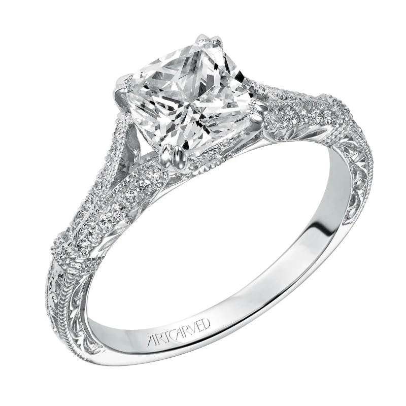 ArtCarved Bridal Artcarved Bridal Semi-Mounted With Side Stones Vintage Engraved Diamond Engagement Ring Angelina 14K White Gold