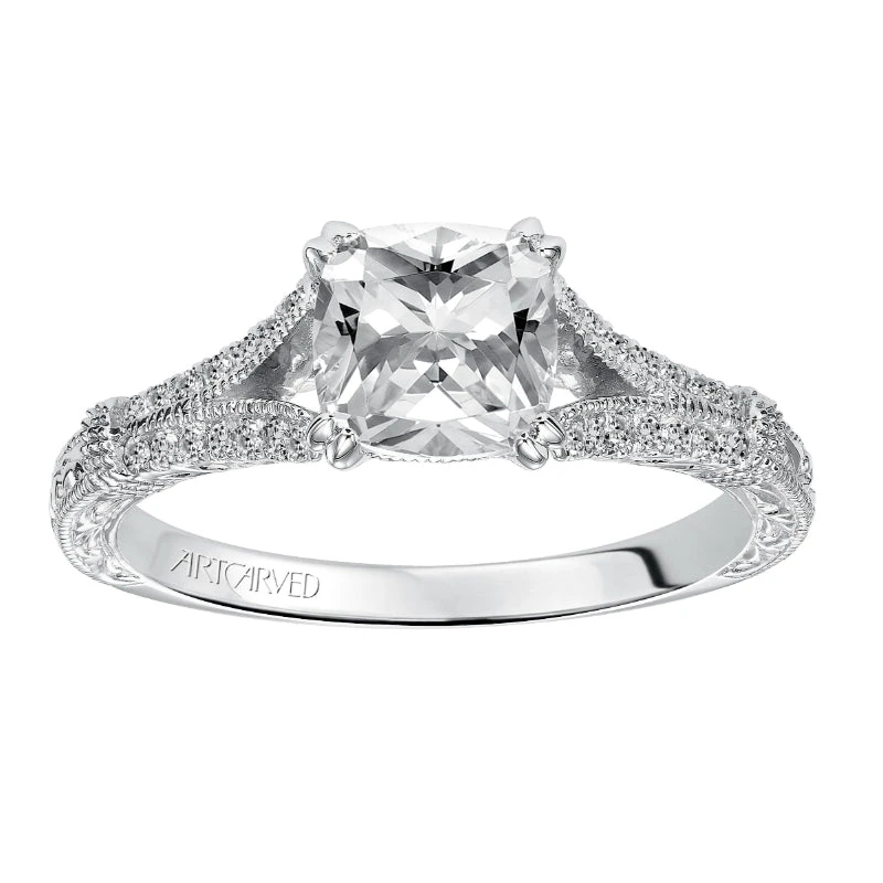 ArtCarved Bridal Artcarved Bridal Mounted With CZ Center Vintage Engraved Diamond Engagement Ring Angelina 14K White Gold - Image 4