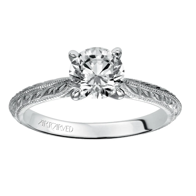 ArtCarved Bridal Artcarved Bridal Semi-Mounted With Side Stones Vintage Engraved Solitaire Engagement Ring Imani 14K White Gold - Image 4
