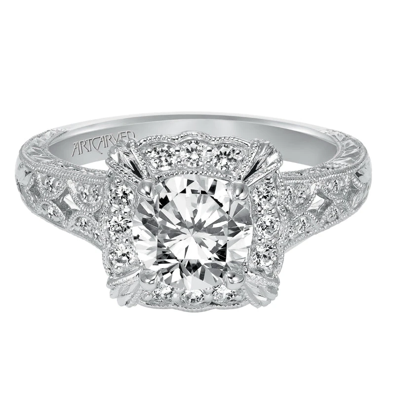 ArtCarved Bridal Artcarved Bridal Mounted With CZ Center Vintage Engraved Diamond Engagement Ring Alura 14K White Gold - Image 2