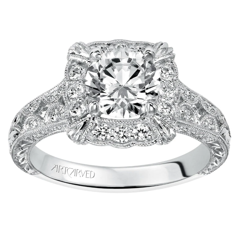 ArtCarved Bridal Artcarved Bridal Mounted With CZ Center Vintage Engraved Diamond Engagement Ring Alura 14K White Gold - Image 4