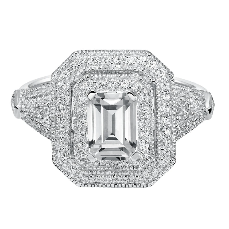 ArtCarved Bridal Artcarved Bridal Mounted With CZ Center Vintage Milgrain Halo Engagement Ring Selma 14K White Gold - Image 2