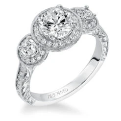 ArtCarved Bridal Artcarved Bridal Semi-Mounted With Side Stones Vintage Engraved 3-Stone Engagement Ring Ophelia 14K White Gold