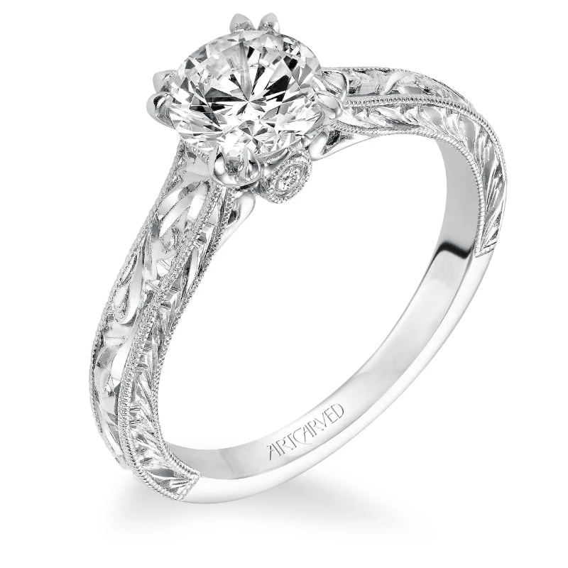 ArtCarved Bridal Artcarved Bridal Semi-Mounted With Side Stones Vintage Engraved Solitaire Engagement Ring Philomena 14K White Gold