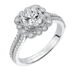 ArtCarved Bridal Artcarved Bridal Mounted With CZ Center Vintage Floral Halo Engagement Ring Jasmine 14K White Gold