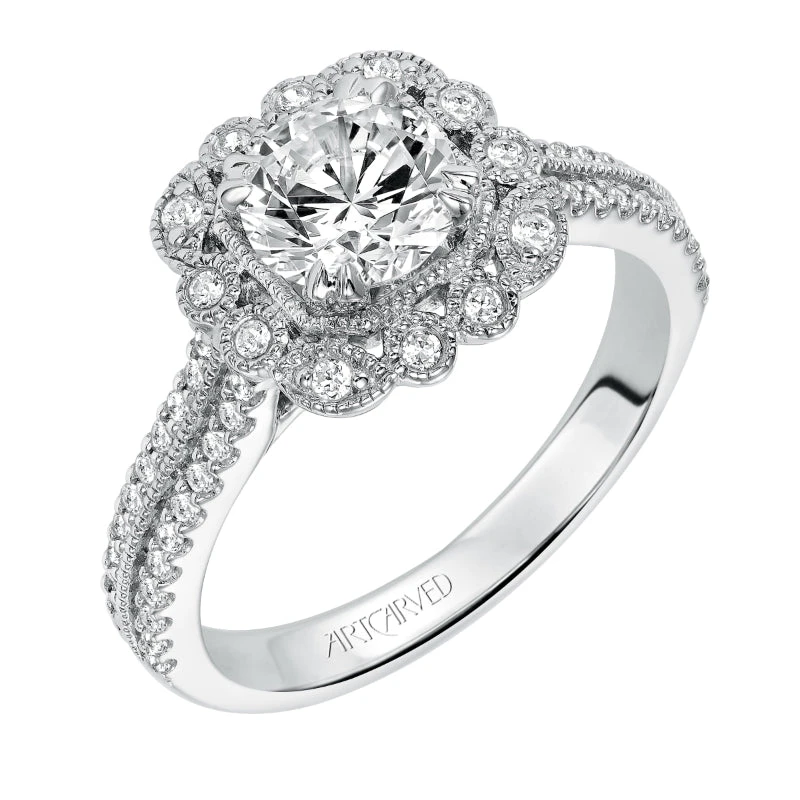 ArtCarved Bridal Artcarved Bridal Mounted With CZ Center Vintage Floral Halo Engagement Ring Jasmine 14K White Gold