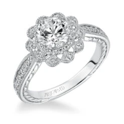 ArtCarved Bridal Artcarved Bridal Semi-Mounted With Side Stones Vintage Filigree Halo Engagement Ring Primrose 14K White Gold