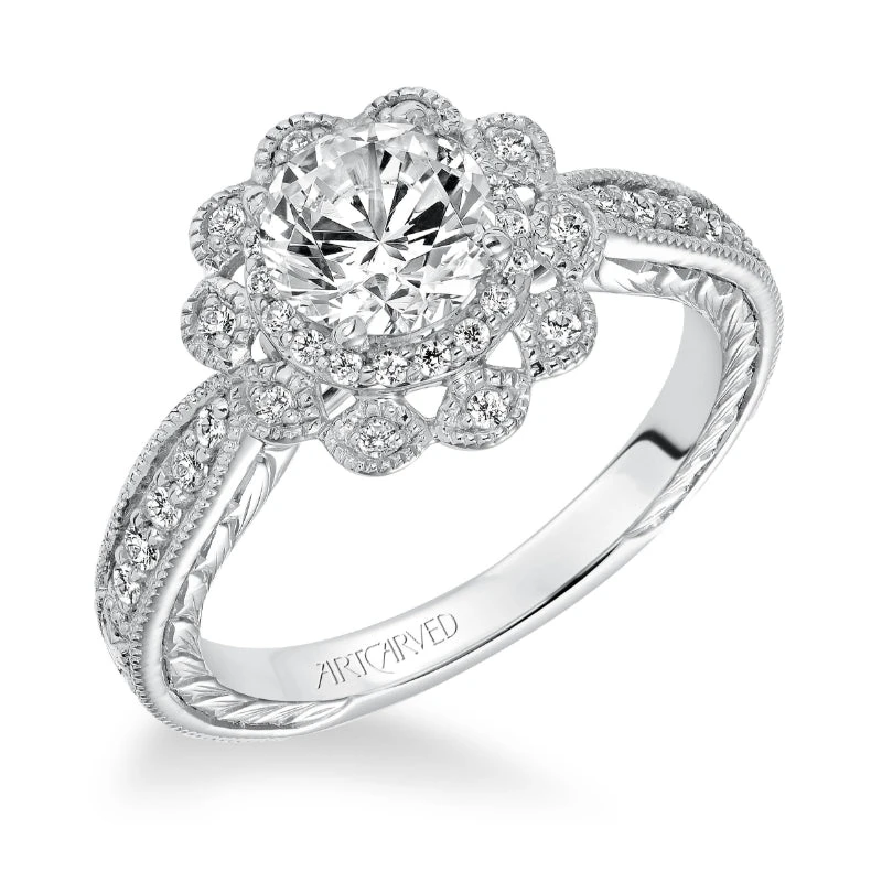 ArtCarved Bridal Artcarved Bridal Semi-Mounted With Side Stones Vintage Filigree Halo Engagement Ring Primrose 14K White Gold