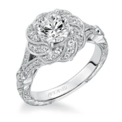 ArtCarved Bridal Artcarved Bridal Mounted With CZ Center Vintage Engraved Halo Engagement Ring Matilda 14K White Gold