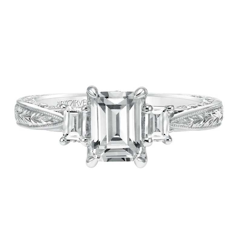 ArtCarved Bridal Artcarved Bridal Semi-Mounted With Side Stones Vintage Filigree 3-Stone Engagement Ring Iva 14K White Gold - Image 2