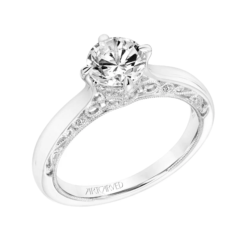 ArtCarved Bridal Artcarved Bridal Semi-Mounted With Side Stones Vintage Filigree Solitaire Engagement Ring Elsie 18K White Gold