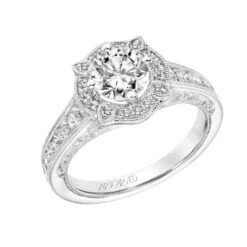 ArtCarved Bridal Artcarved Bridal Semi-Mounted With Side Stones Vintage Filigree Halo Engagement Ring Liviana 14K White Gold