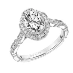 ArtCarved Bridal Artcarved Bridal Semi-Mounted With Side Stones Vintage Vintage Halo Engagement Ring Bessie 14K White Gold