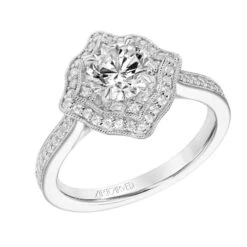 ArtCarved Bridal Artcarved Bridal Semi-Mounted With Side Stones Vintage Milgrain Halo Engagement Ring Yvonne 14K White Gold
