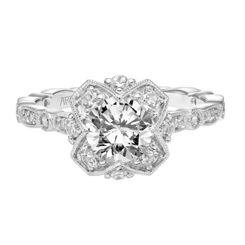 ArtCarved Bridal Artcarved Bridal Mounted With CZ Center Vintage Milgrain Engagement Ring Alma 18K White Gold - Image 2