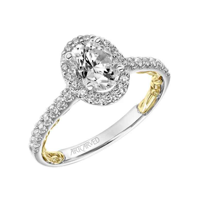 ArtCarved Bridal Artcarved Bridal Semi-Mounted With Side Stones Classic Lyric Halo Engagement Ring Falyn 14K White Gold Primary & 14K Yellow Gold - Image 2