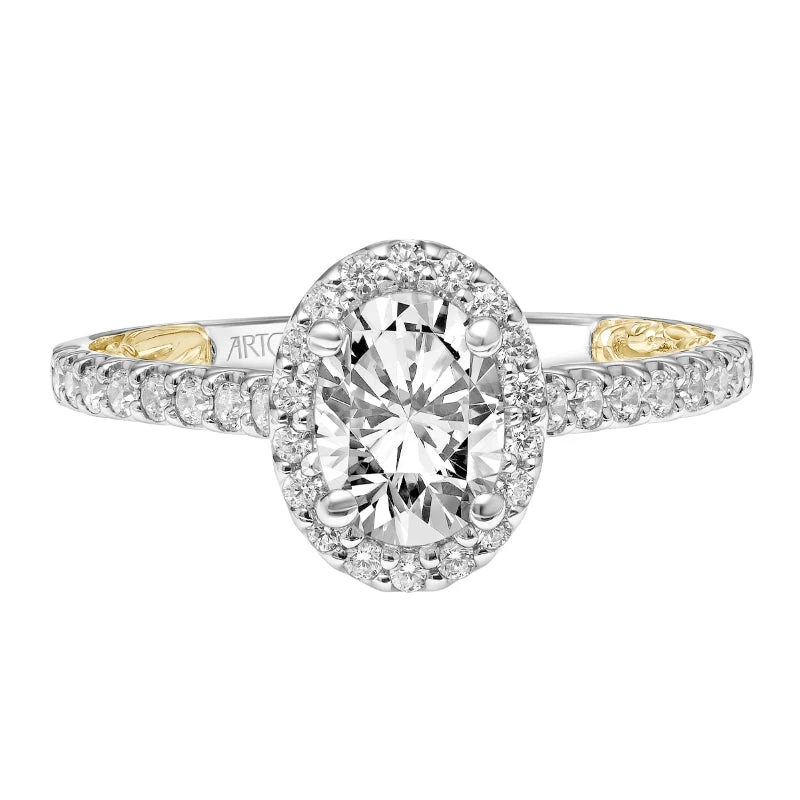 ArtCarved Bridal Artcarved Bridal Semi-Mounted With Side Stones Classic Lyric Halo Engagement Ring Falyn 14K White Gold Primary & 14K Yellow Gold - Image 3
