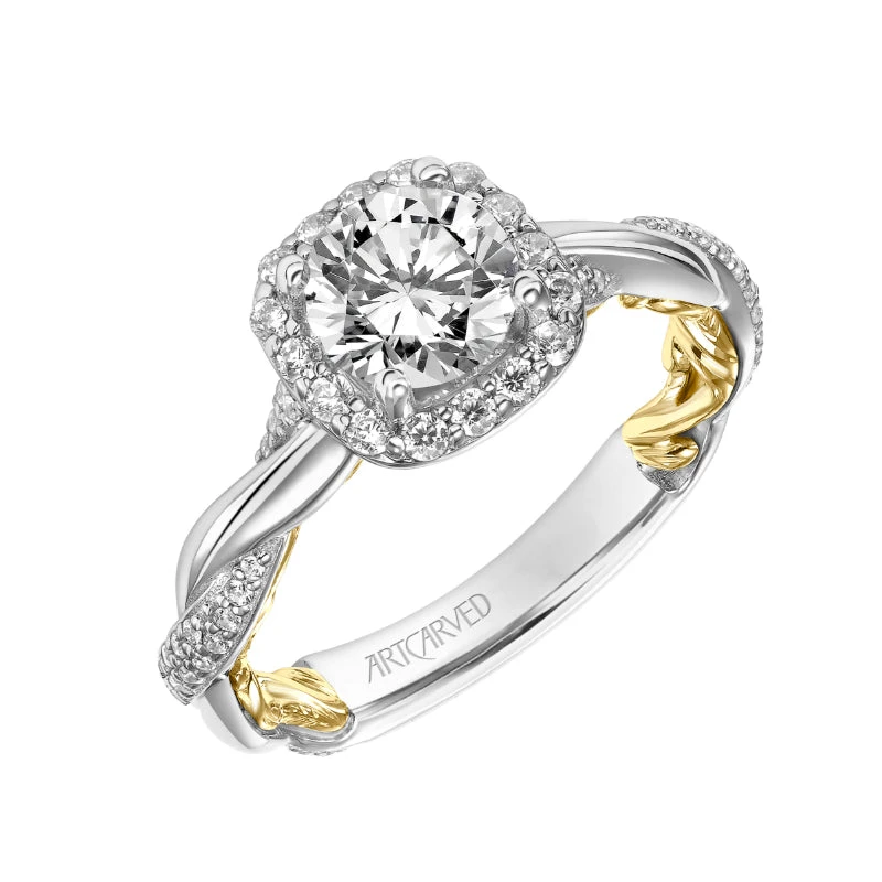 ArtCarved Bridal Artcarved Bridal Semi-Mounted With Side Stones Contemporary Lyric Halo Engagement Ring Ainsley 18K White Gold Primary & 18K Yellow Gold - Image 2