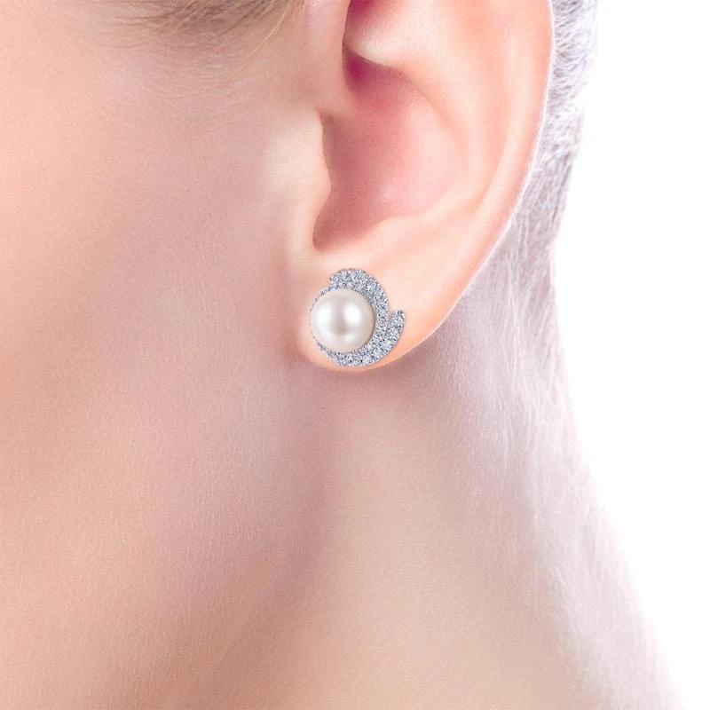 Gabriel & Co. Fashion Gabriel & Co. 14k White Gold Grace Pearl & Diamond Stud Earrings - Image 2
