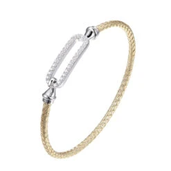 Charles Garnier Charles Garnier Sterling Silver 3mm Mesh Hook Bangle With CZ Link (24x8mm) In Center 2 Tone 18K Yellow Gold And Rhodium Finish
