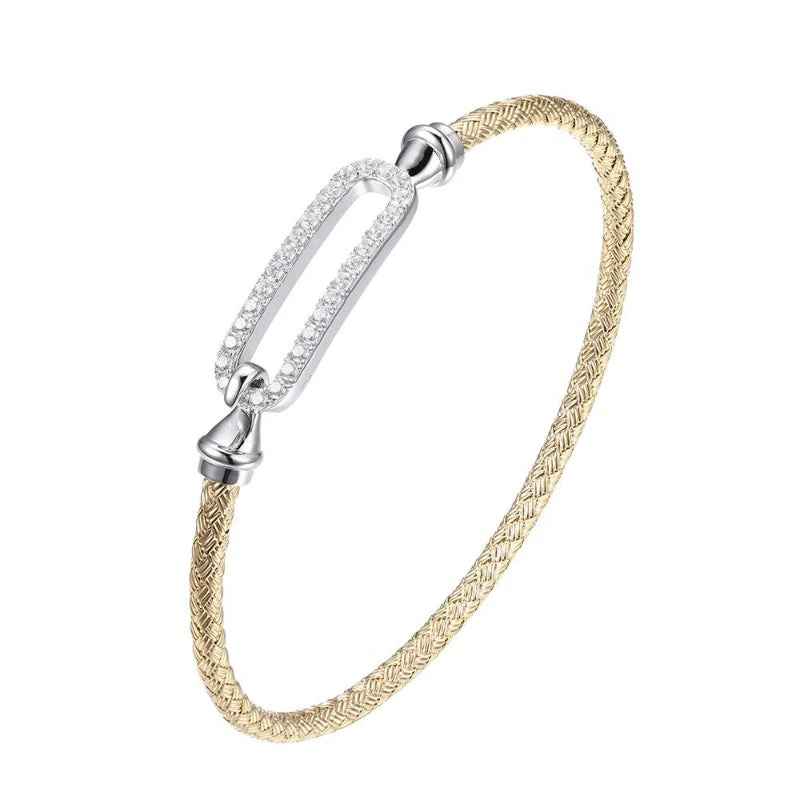 Charles Garnier Charles Garnier Sterling Silver 3mm Mesh Hook Bangle With CZ Link (24x8mm) In Center 2 Tone 18K Yellow Gold And Rhodium Finish