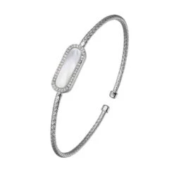Charles Garnier Charles Garnier Sterling Silver 2mm Mesh Cuff With White Mother Of Pearl (Paperclip Shape 17X5mm) And CZ