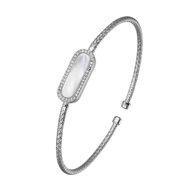 Charles Garnier Charles Garnier Sterling Silver 2mm Mesh Cuff With White Mother Of Pearl (Paperclip Shape 17X5mm) And CZ