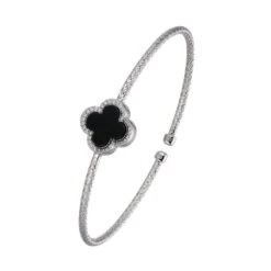 Charles Garnier Charles Garnier Sterling Silver 2mm Mesh Cuff With Black Onyx (Clover Shape 11X11mm) And CZ Circumference 6.75'' Rhodium Finish