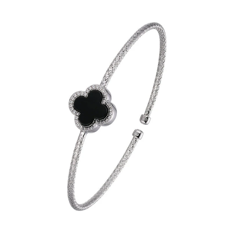 Charles Garnier Charles Garnier Sterling Silver 2mm Mesh Cuff With Black Onyx (Clover Shape 11X11mm) And CZ Circumference 6.75'' Rhodium Finish