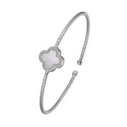 Charles Garnier Charles Garnier Sterling Silver 2mm Mesh Cuff With White Mother Of Pearl (Clover Shape 11X11mm) And CZ