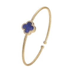 Charles Garnier Charles Garnier Sterling Silver 2mm Mesh Cuff With Lapis Lazuli (Clover Shape 11X11mm) And CZ Circumference 6.75'' 18K Yellow Gold Finish