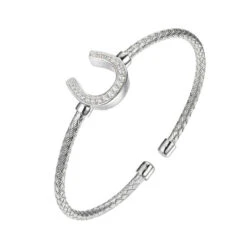 Charles Garnier Charles Garnier Sterling Silver 3mm Mesh Cuff With CZ Horseshoe (16x14mm) In Center Rhodium Finish