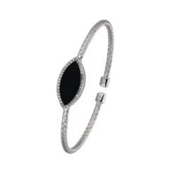 Charles Garnier Charles Garnier Sterling Silver 3mm Mesh Cuff With Black Onyx (Marquise Shape 2X9mm) And CZ Circumference 6.75'' Rhodium Finish