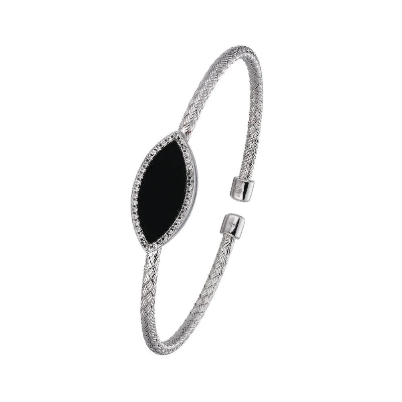 Charles Garnier Charles Garnier Sterling Silver 3mm Mesh Cuff With Black Onyx (Marquise Shape 2X9mm) And CZ Circumference 6.75'' Rhodium Finish