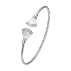 Charles Garnier Charles Garnier Sterling Silver 2mm Mesh Cuff With White Mother Of Pearl (Fan Shape 1X7mm) And CZ Circumference 6.75'' Rhodium Finish