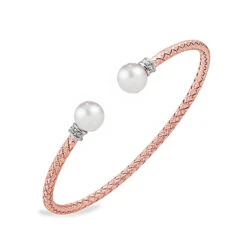 Charles Garnier Charles Garnier Sterling Silver 3mm Mesh Cuff With Freshwater Pearl And CZ 2 Tone Rose Gold And Rhodium Finish