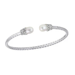 Charles Garnier Charles Garnier Sterling Silver 3mm Mesh Cuff With Freshwater Pearl And CZ Rhodium Finish