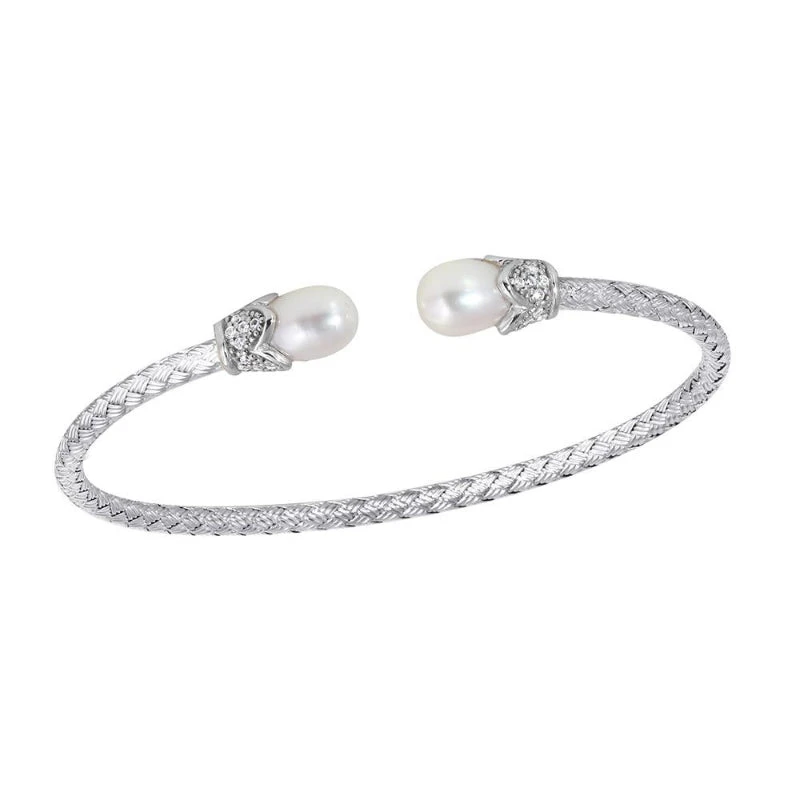 Charles Garnier Charles Garnier Sterling Silver 3mm Mesh Cuff With Freshwater Pearl And CZ Rhodium Finish