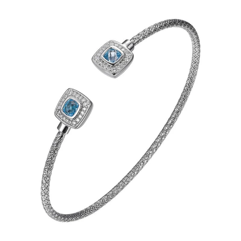 Charles Garnier Charles Garnier Sterling Silver 2mm Mesh Cuff With Blue Topaz And CZ Stone Size 4x4mm Rhodium Finish